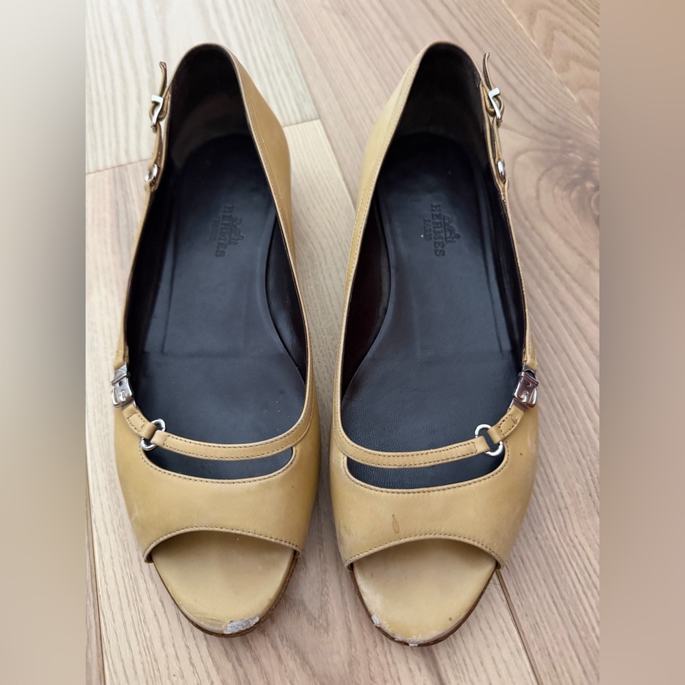Hermes Tan Leather Peep-Toe flat Women's 👞 shoes